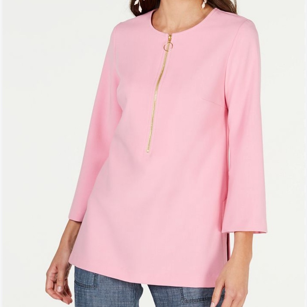 Trina Turk Versed Top Pink Small Zip Front 3/4 Sleeve